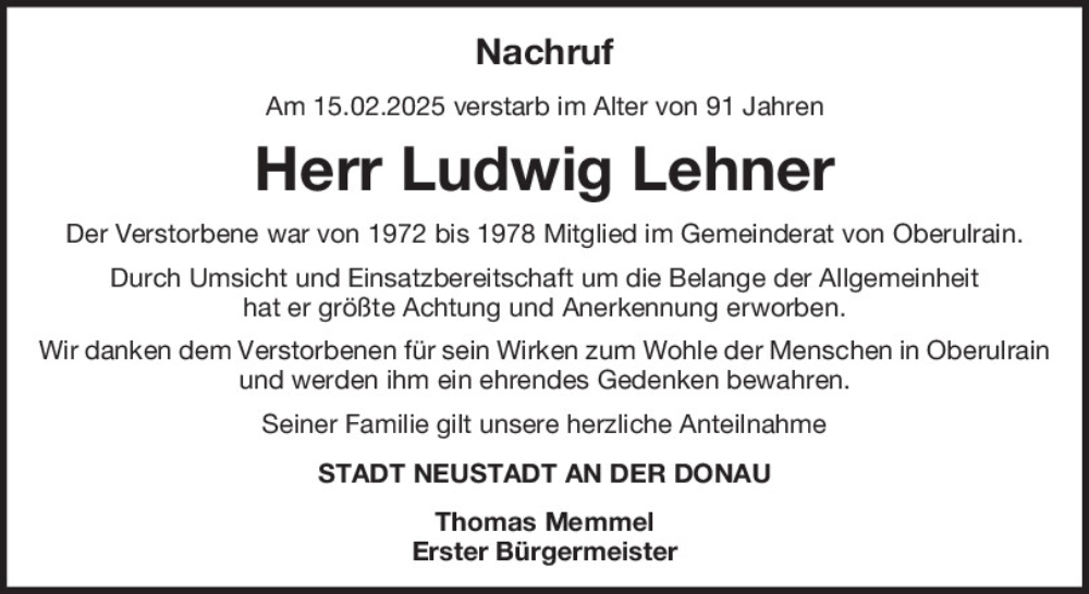  Traueranzeige für Lehner Ludwig vom 20.02.2025 aus Mittelbayerische Zeitung Kelheim