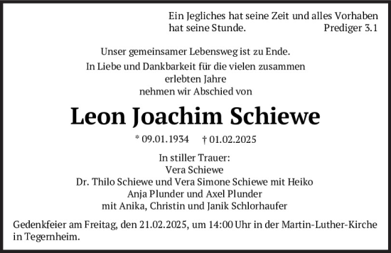 Traueranzeige von Leon Joachim Schiewe von Mittelbayerische Zeitung Regensburg