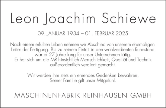 Traueranzeige von Leon Joachim Schiewe von Mittelbayerische Zeitung Regensburg