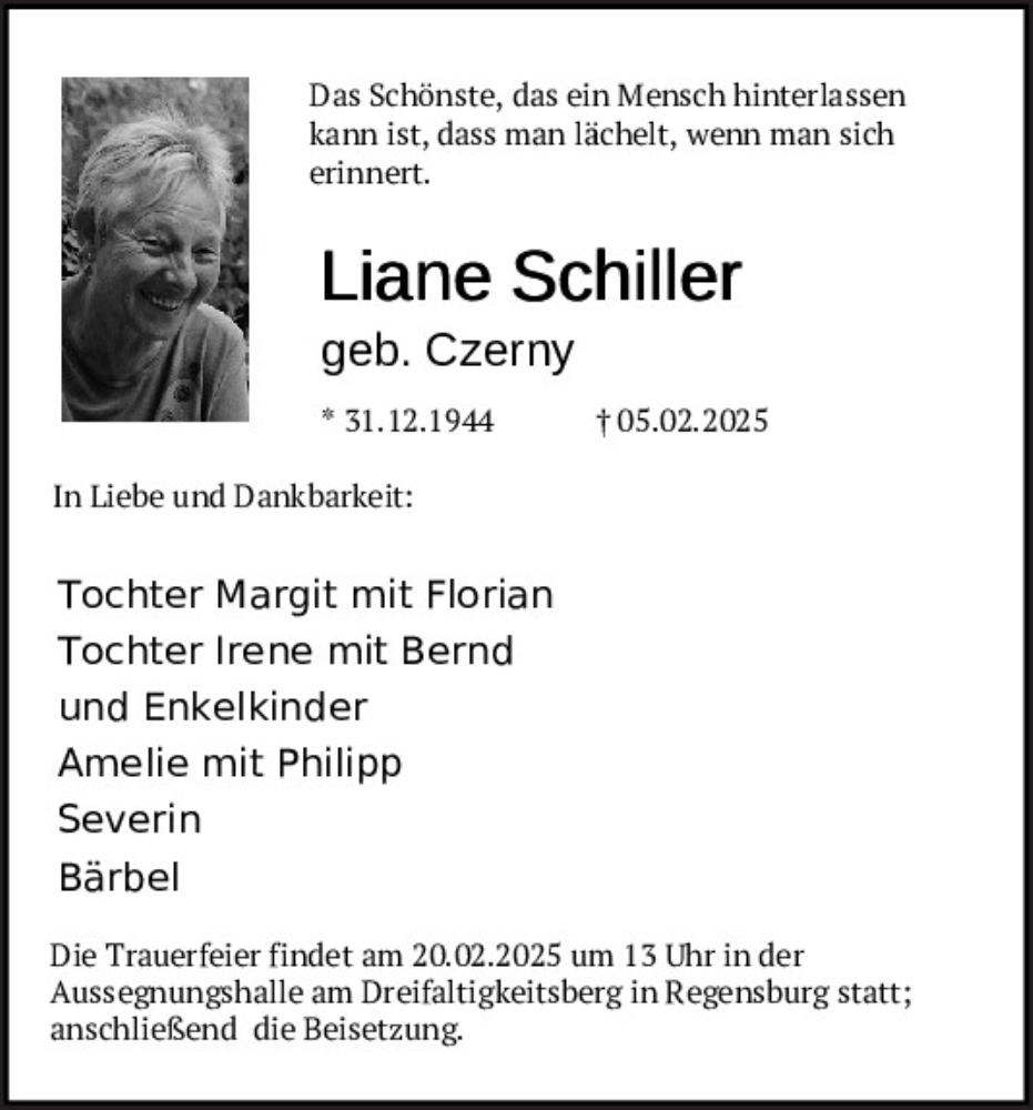  Traueranzeige für Liane Schiller vom 15.02.2025 aus Mittelbayerische Zeitung Regensburg