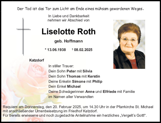 Traueranzeige von Liselotte Roth von Mittelbayerische Zeitung Schwandorf