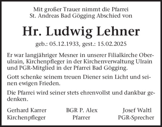 Traueranzeige von Ludwig Lehner von Mittelbayerische Zeitung Kelheim