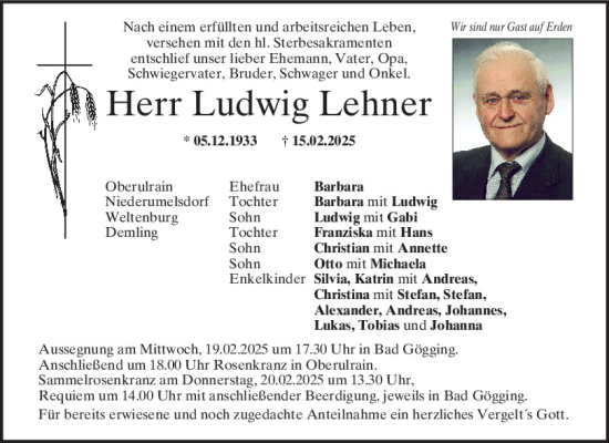 Traueranzeige von Ludwig Lehner von Mittelbayerische Zeitung Kelheim