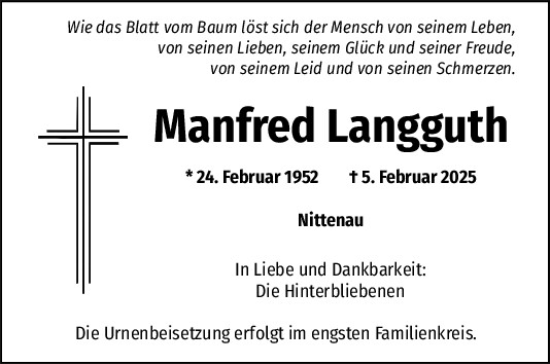 Traueranzeige von Manfred Langguth von Mittelbayerische Zeitung Regensburg
