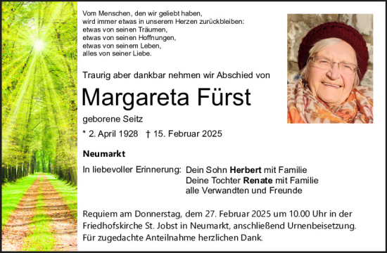 Traueranzeige von Margareta Fürst von Neumarkter Tagblatt