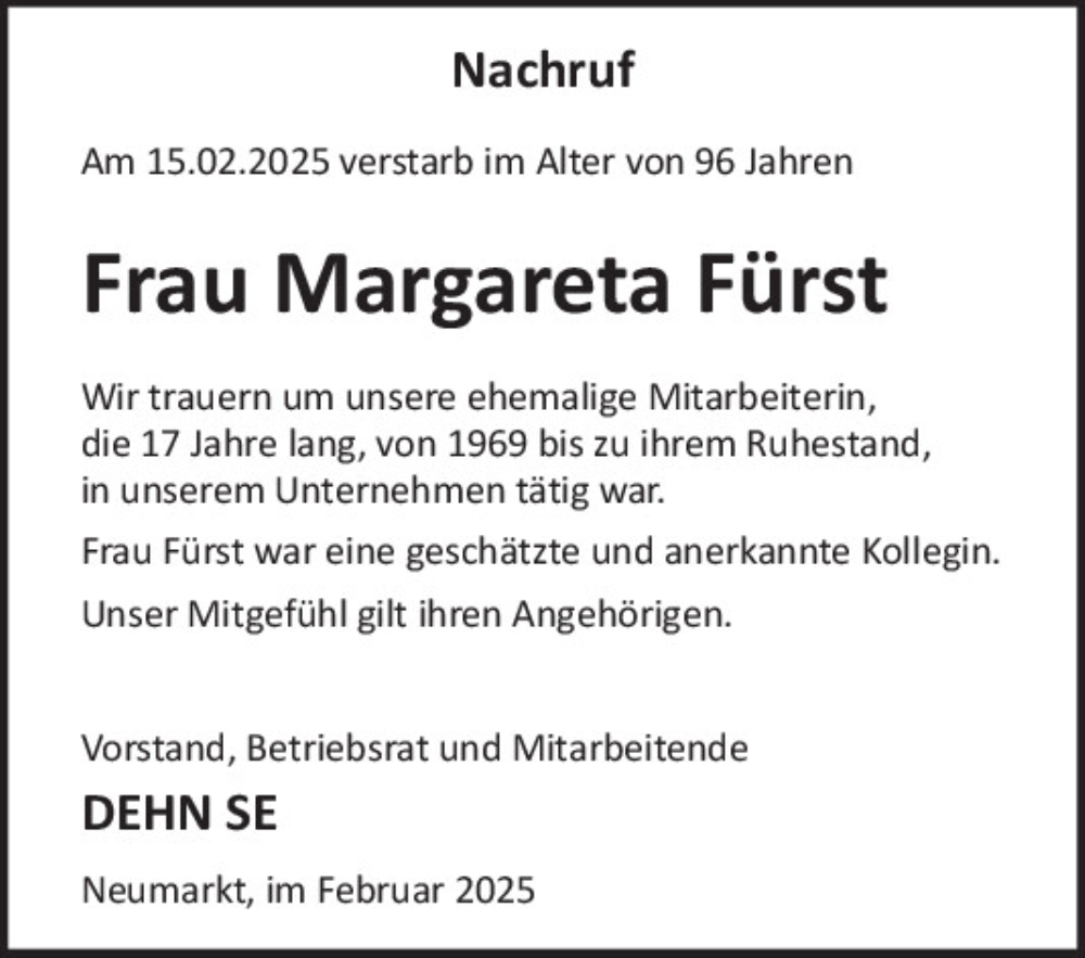 Traueranzeige für Margareta Fürst vom 26.02.2025 aus Neumarkter Tagblatt
