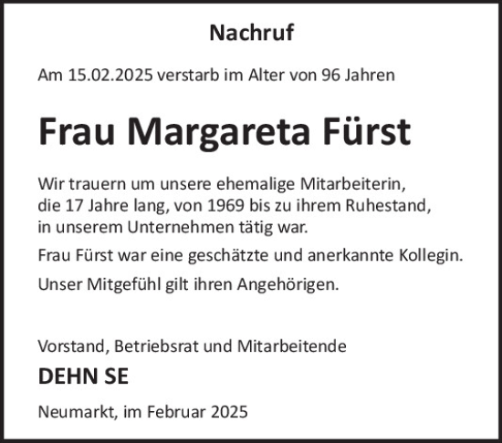 Traueranzeige von Margareta Fürst von Neumarkter Tagblatt