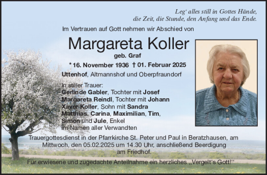 Traueranzeige von Margareta Koller von Mittelbayerische Zeitung Regensburg