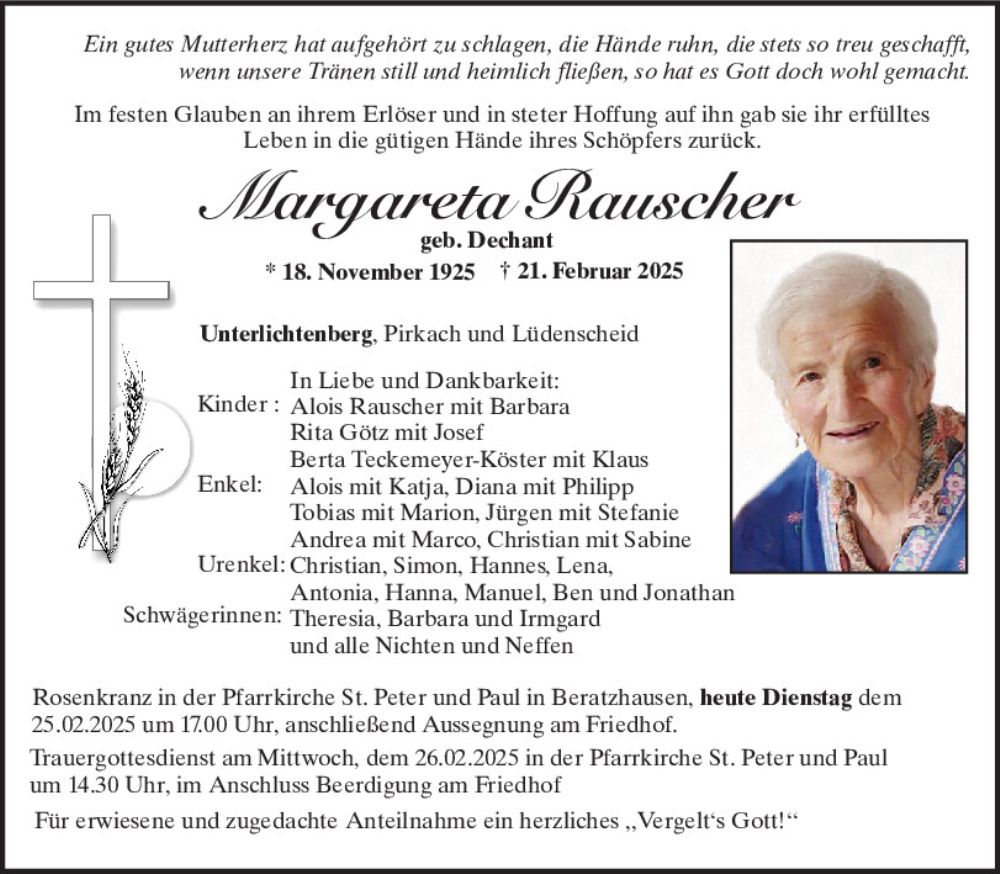  Traueranzeige für Margareta Rauscher vom 25.02.2025 aus Mittelbayerische Zeitung Regensburg