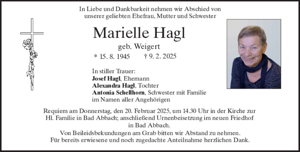 Traueranzeige für Marielle Hagl vom 15.02.2025 aus Mittelbayerische Zeitung Regensburg