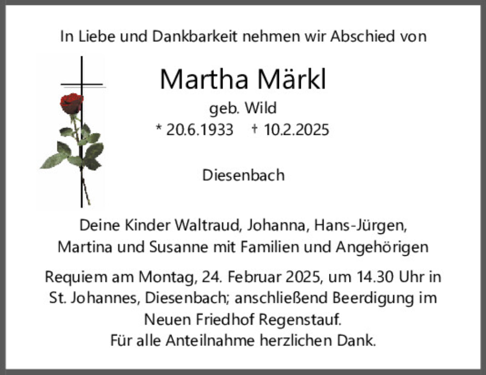  Traueranzeige für Martha Märkl vom 19.02.2025 aus Mittelbayerische Zeitung Regensburg