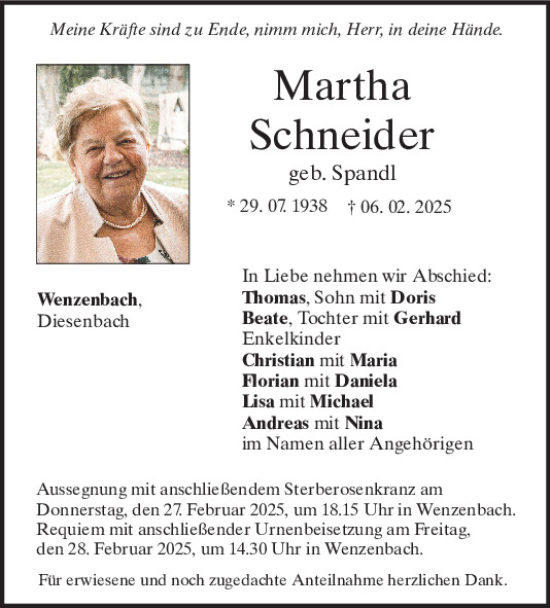 Traueranzeige von Martha Schneider von Mittelbayerische Zeitung Regensburg