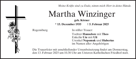 Traueranzeige von Martha Winzinger von Mittelbayerische Zeitung Regensburg
