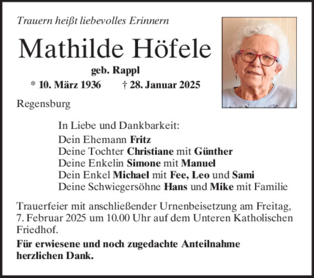  Traueranzeige für Mathilde Höfele vom 01.02.2025 aus Mittelbayerische Zeitung Regensburg