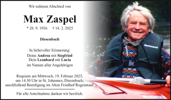 Traueranzeige von Max Zaspel von Mittelbayerische Zeitung Regensburg