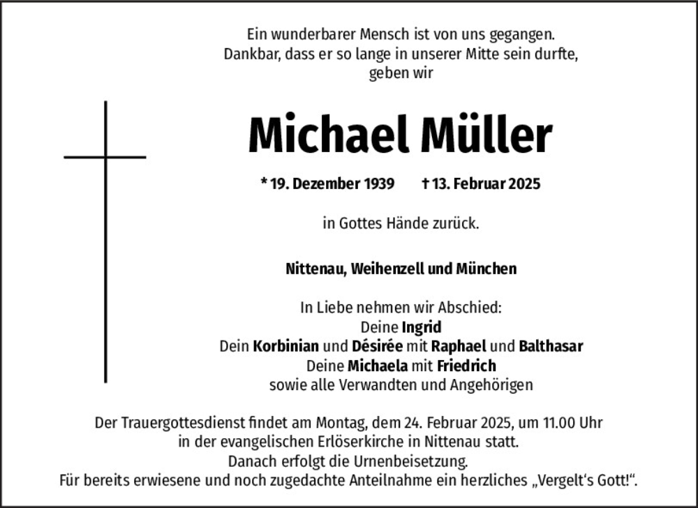  Traueranzeige für Michael Müller vom 22.02.2025 aus Mittelbayerische Zeitung Schwandorf