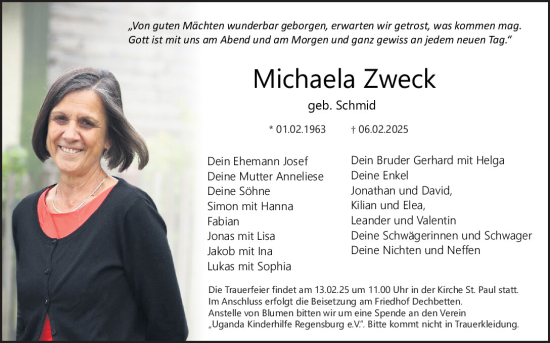 Traueranzeige von Michaela Zweck von Mittelbayerische Zeitung Regensburg