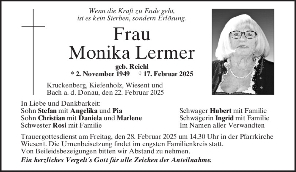  Traueranzeige für Monika Lermer vom 22.02.2025 aus Mittelbayerische Zeitung Regensburg