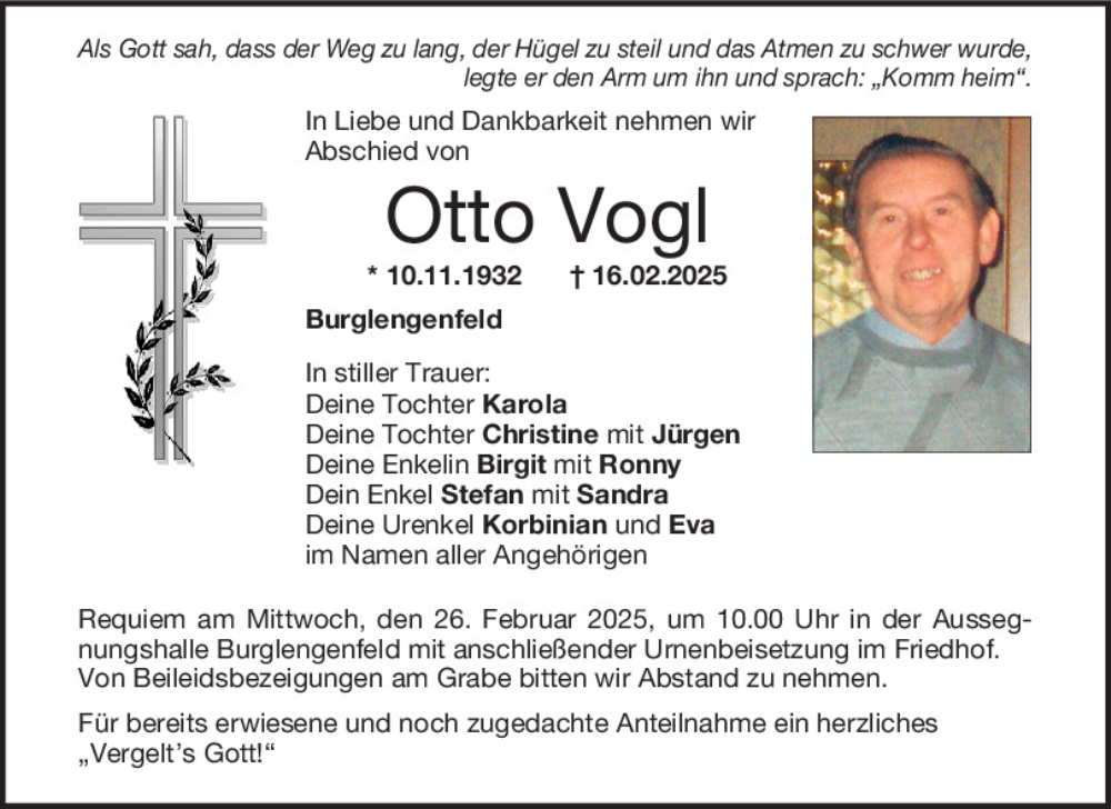  Traueranzeige für Otto Vogl vom 24.02.2025 aus Mittelbayerische Zeitung Schwandorf