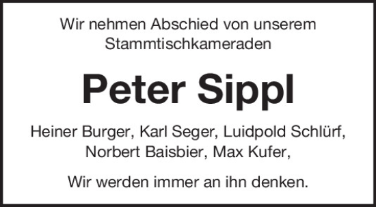 Traueranzeige von Peter Sippl von Neumarkter Tagblatt