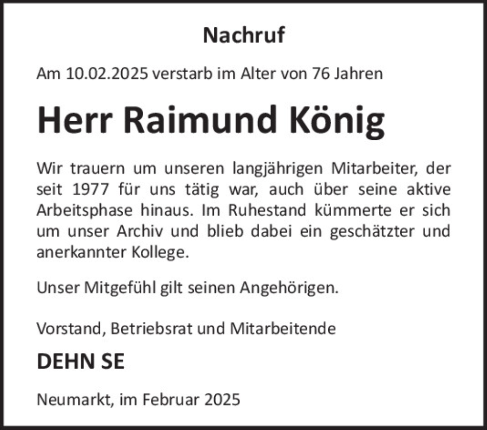  Traueranzeige für Raimund König vom 20.02.2025 aus Neumarkter Tagblatt