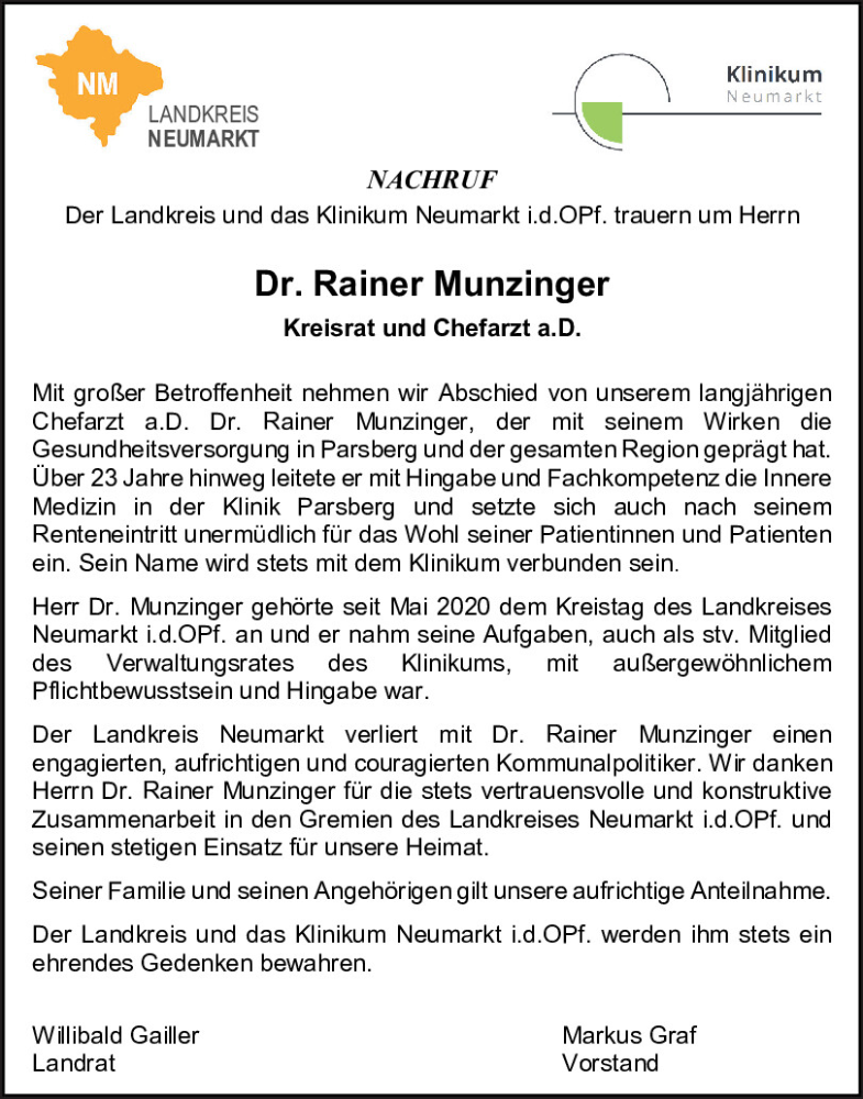  Traueranzeige für Rainer Munzinger vom 18.02.2025 aus Neumarkter Tagblatt