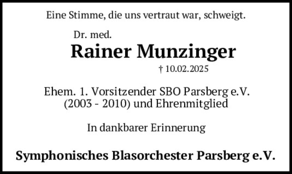  Traueranzeige für Rainer Munzinger vom 18.02.2025 aus Neumarkter Tagblatt