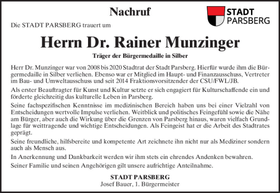 Traueranzeige von Rainer Munzinger von Neumarkter Tagblatt