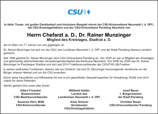 Traueranzeige von Rainer Munzinger von Neumarkter Tagblatt