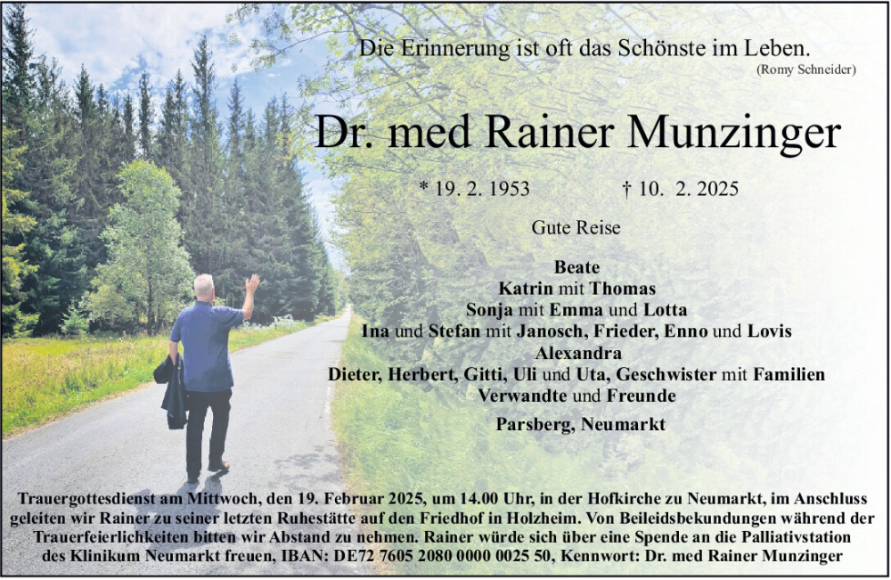  Traueranzeige für Rainer Munzinger vom 15.02.2025 aus Neumarkter Tagblatt
