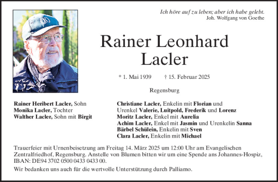 Traueranzeige von Rainer Leonhard Lacler von Mittelbayerische Zeitung Regensburg