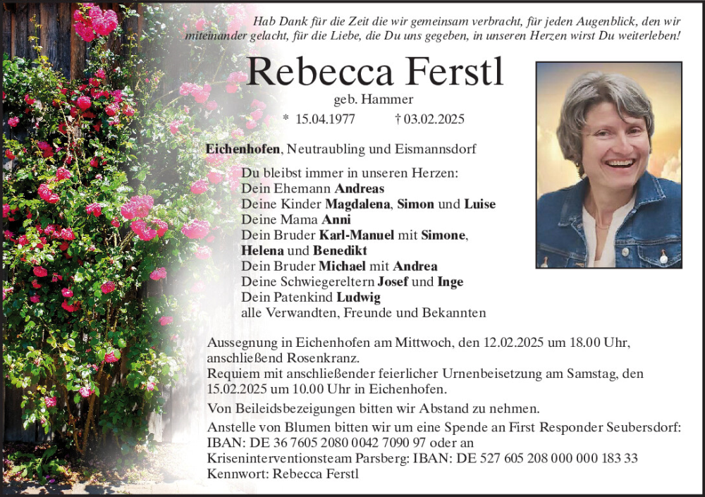  Traueranzeige für Rebecca Ferstl vom 11.02.2025 aus Neumarkter Tagblatt