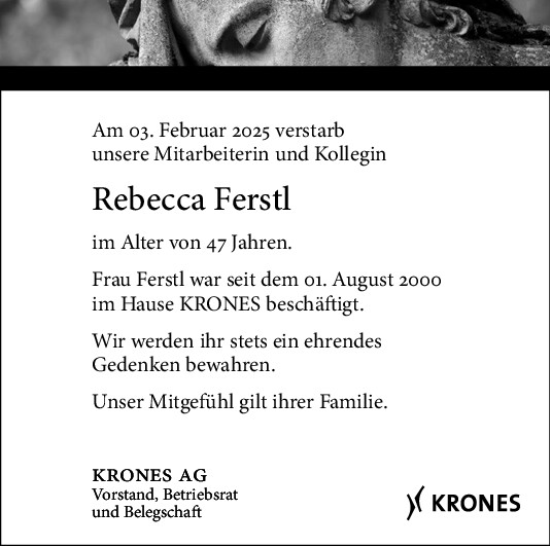 Traueranzeige von Rebecca Ferstl von Mittelbayerische Zeitung Regensburg
