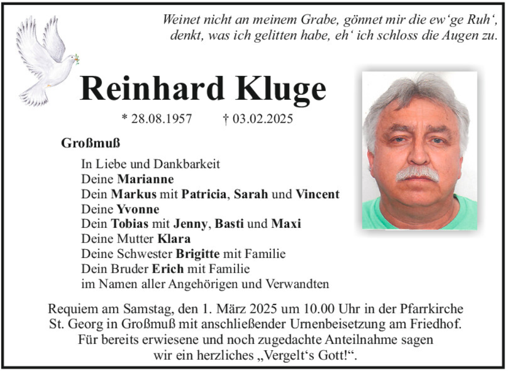  Traueranzeige für Reinhard Kluge vom 22.02.2025 aus Mittelbayerische Zeitung Kelheim
