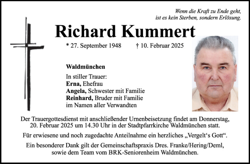  Traueranzeige für Richard Kummert vom 18.02.2025 aus Bayerwald Echo