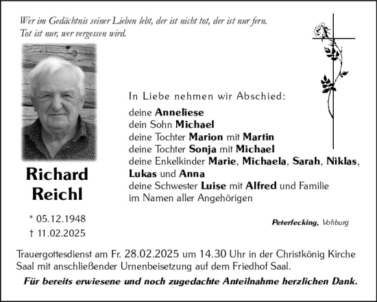 Traueranzeige von Richard Reichl von Mittelbayerische Zeitung Kelheim