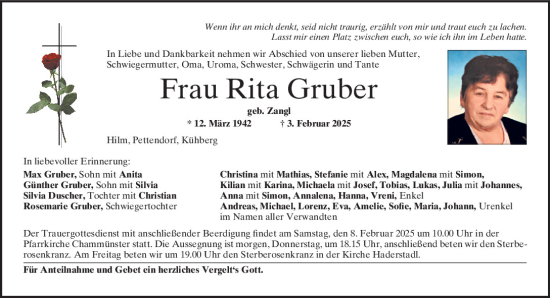 Traueranzeige von Rita Gruber von Bayerwald Echo