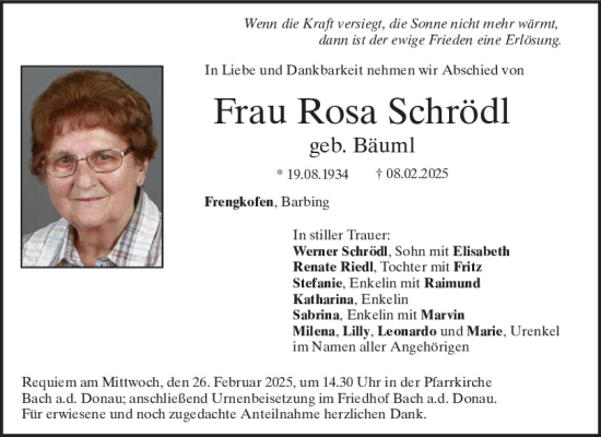 Traueranzeige von Rosa Schrödl von Mittelbayerische Zeitung Regensburg