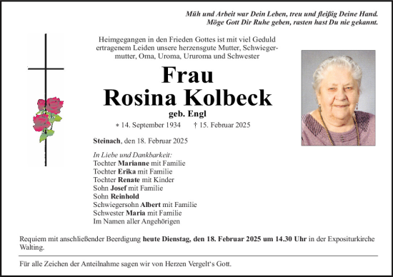 Traueranzeige von Rosina Kolbeck von Bayerwald Echo