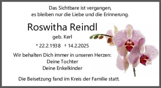 Traueranzeige von Roswitha Reindl von Mittelbayerische Zeitung Regensburg