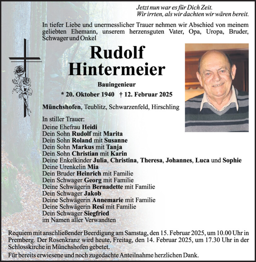  Traueranzeige für Rudolf Hintermeier vom 14.02.2025 aus Mittelbayerische Zeitung Schwandorf