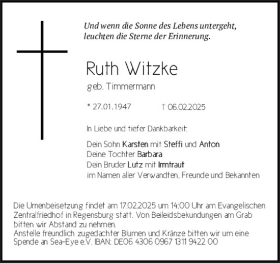 Traueranzeige von Ruth Witzke von Mittelbayerische Zeitung Regensburg