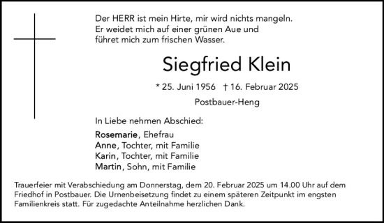 Traueranzeige von Siegfried Klein von Neumarkter Tagblatt