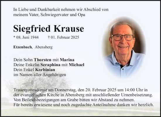 Traueranzeige von Siegfried Krause von Mittelbayerische Zeitung Kelheim