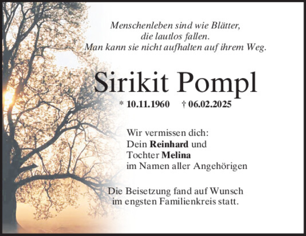  Traueranzeige für Sirikit Pompl vom 22.02.2025 aus Mittelbayerische Zeitung Regensburg