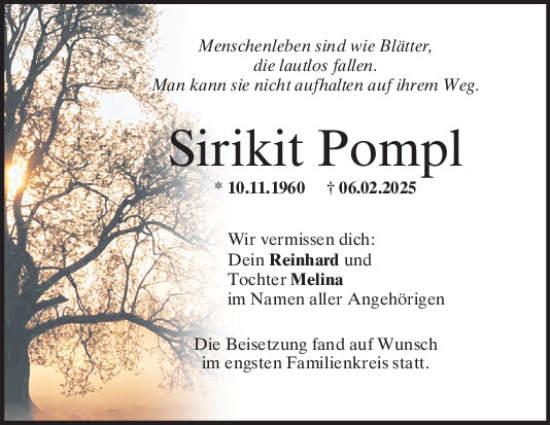 Traueranzeige von Sirikit Pompl von Mittelbayerische Zeitung Regensburg