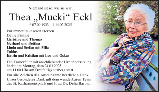 Traueranzeige von Thea Eckl von Mittelbayerische Zeitung Regensburg
