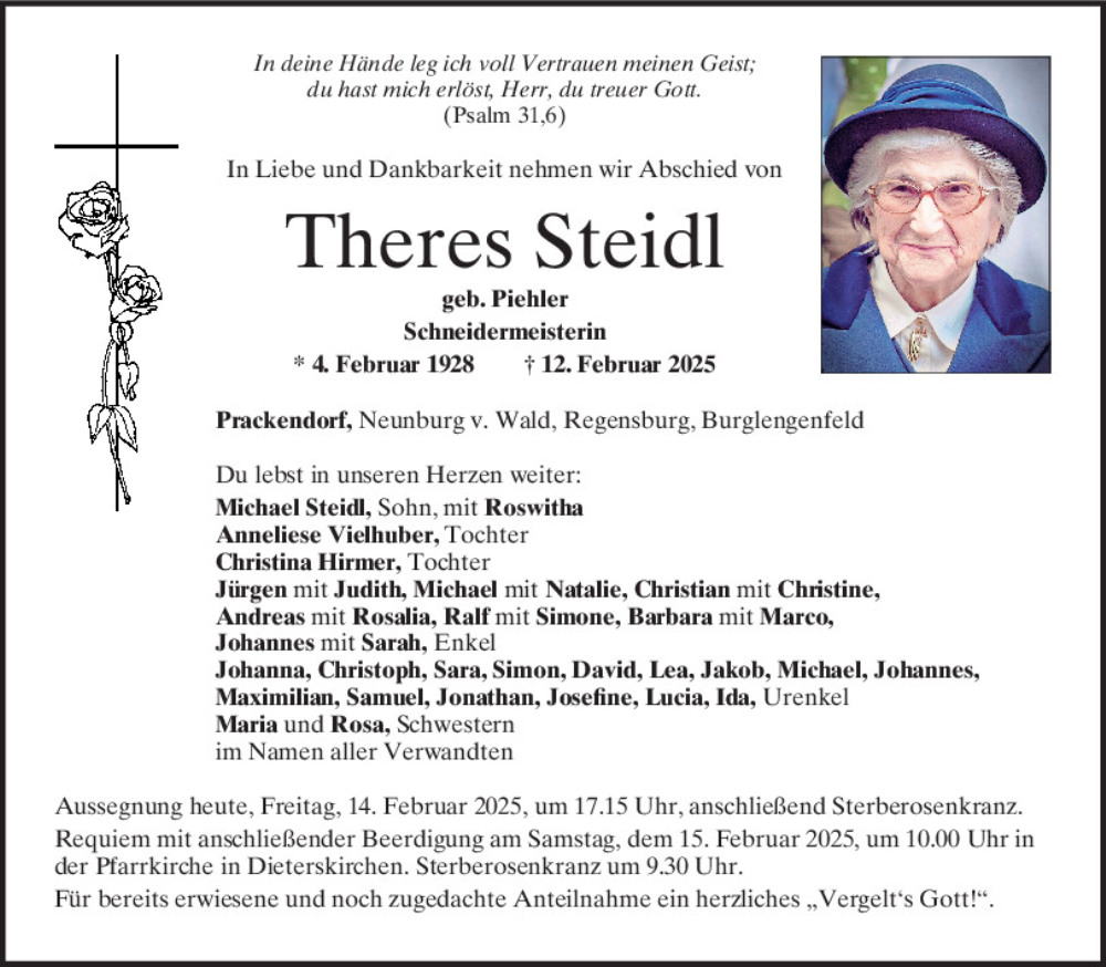  Traueranzeige für Theres Steidl vom 14.02.2025 aus Mittelbayerische Zeitung Schwandorf