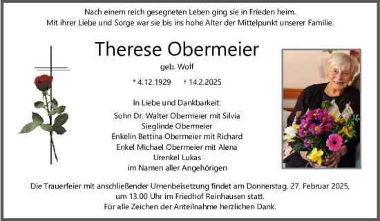 Traueranzeige von Therese Obermeier von Mittelbayerische Zeitung Regensburg