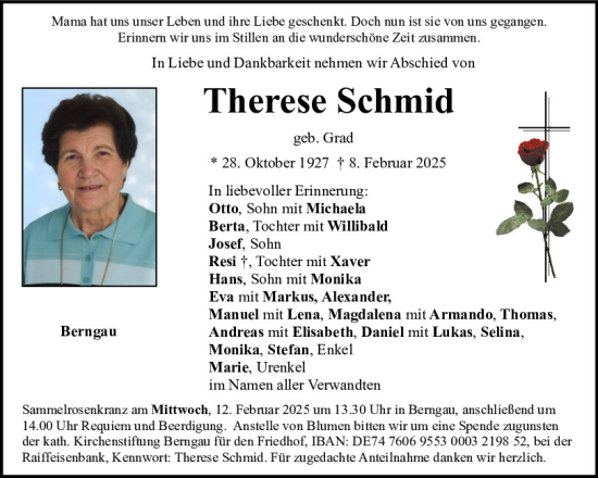 Traueranzeige von Therese Schmid von Neumarkter Tagblatt